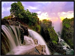 Zambia, Drzewa, Skały, Wodospad, Victoria